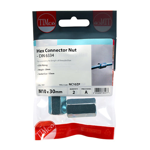 This is an image of Timco - Hex Connector Nuts - Zinc M10 - (2 PCS TIMpac) NC10ZP