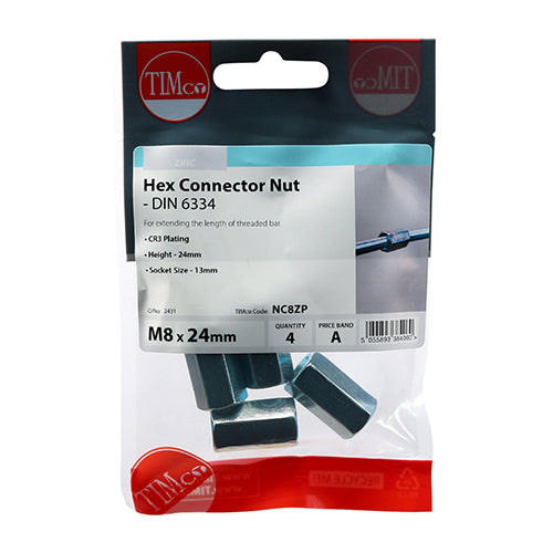This is an image of Timco - Hex Connector Nuts - Zinc M8 - (4 PCS TIMpac) NC8ZP