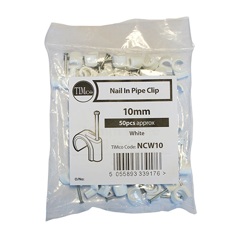 This is an image of Timco - Pipe Clips - Nail In 10mm - (50 PCS Bag) NCW10