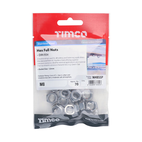 This is an image of Timco - Hex Full Nuts - Stainless Steel M8 - (20 PCS TIMpac) NH8SSP