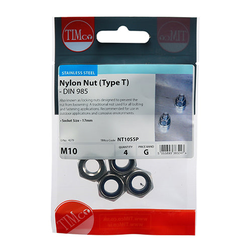 This is an image of Timco - Nylon Nuts - Type T - Stainless Steel M10 - (4 PCS TIMpac) NT10SSP