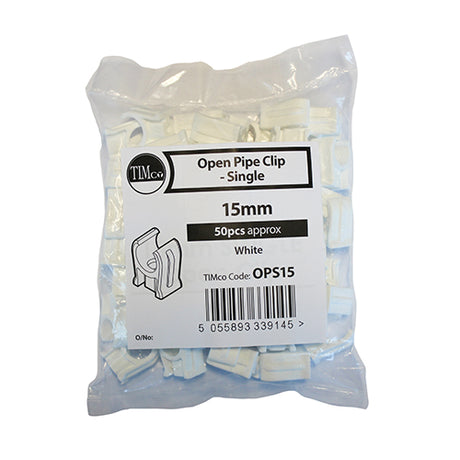 This is an image of Timco - Pipe Clips - Open - Single 15mm - (50 PCS Bag) OPS15