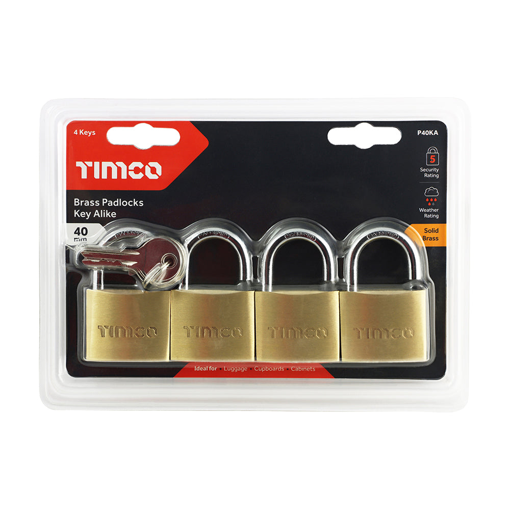This is an image of Timco - Brass Padlocks Key Alike 40mm (4 Pieces Backing Card) P40KA