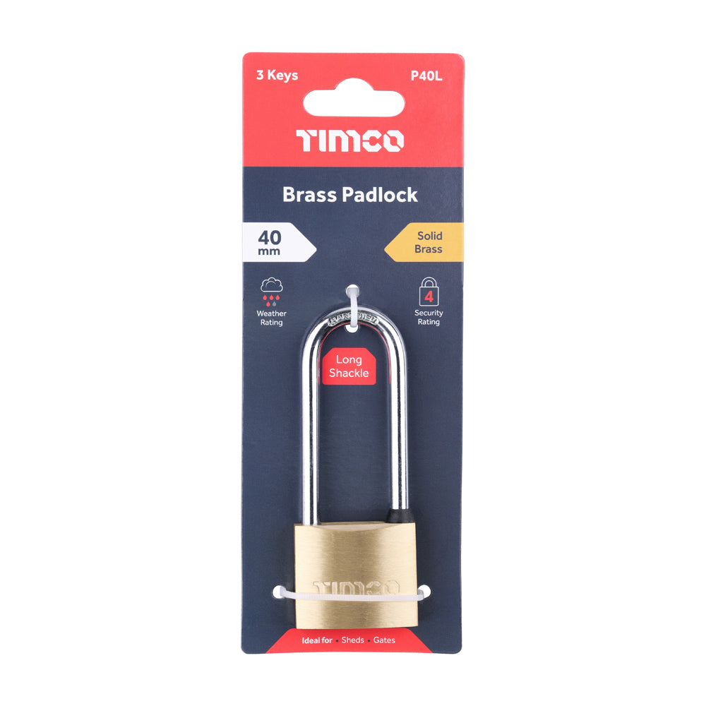 This is an image of Timco - Brass Padlock Long Shackle 40mm (1 Each Blister Pack) P40L