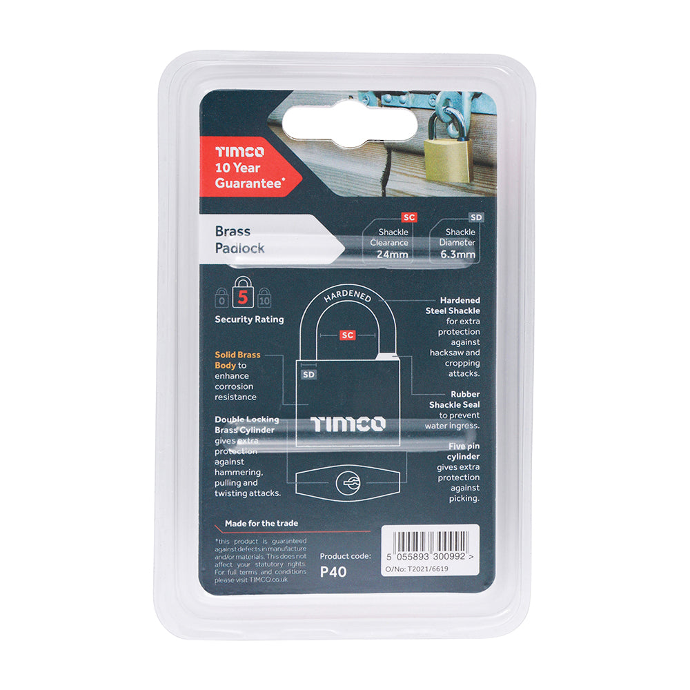 This is an image of Timco - Brass Padlock 40mm (1 Each Backing Card) P40