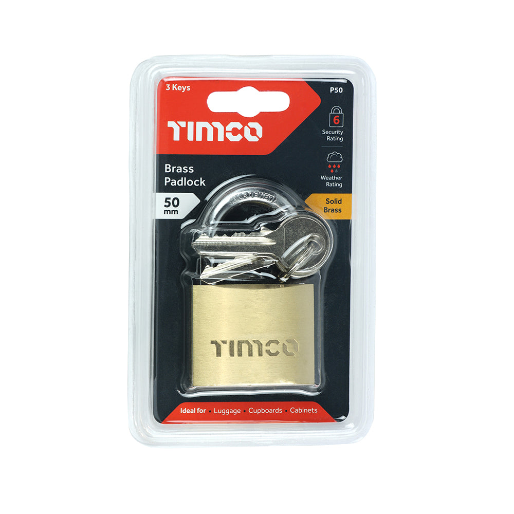 This is an image of Timco - Brass Padlock 50mm (1 Each Blister Pack) P50