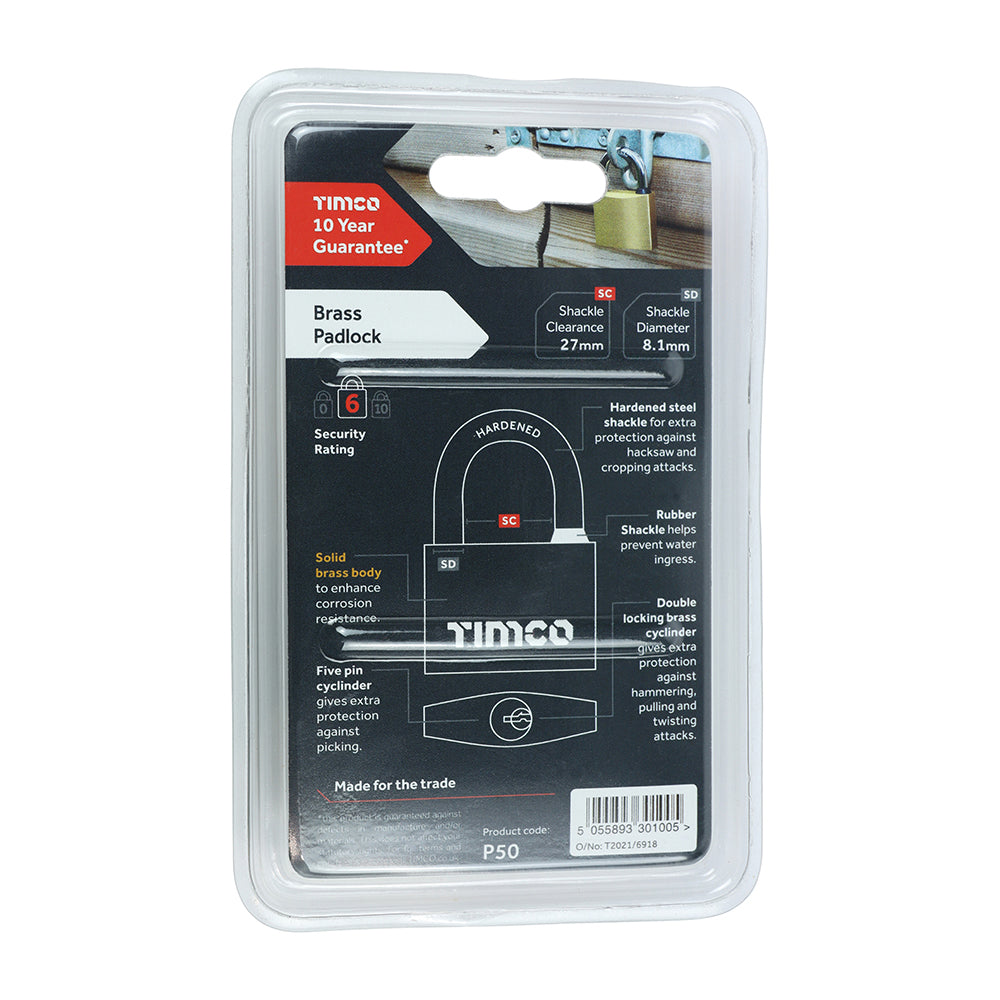 This is an image of Timco - Brass Padlock 50mm (1 Each Blister Pack) P50