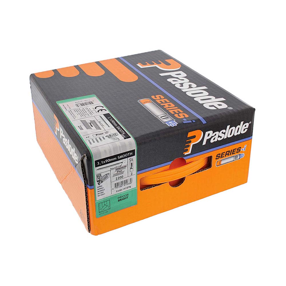 This is an image of Paslode IM360Ci Nails & Fuel Cells Trade Pack - Plain Shank - Bright - 141076 3.1 x 90mm/2CFC (2200 PCS Box) PAS141076