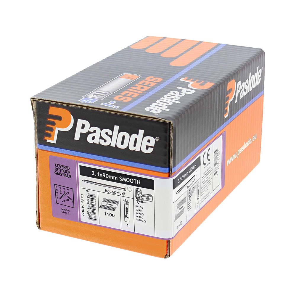 This is an image of Paslode IM360Ci Nails & Fuel Cells Retail Pack - Plain Shank - Galvanised + - 141077 3.1 x 90mm/1CFC (1100 PCS Box) PAS141077