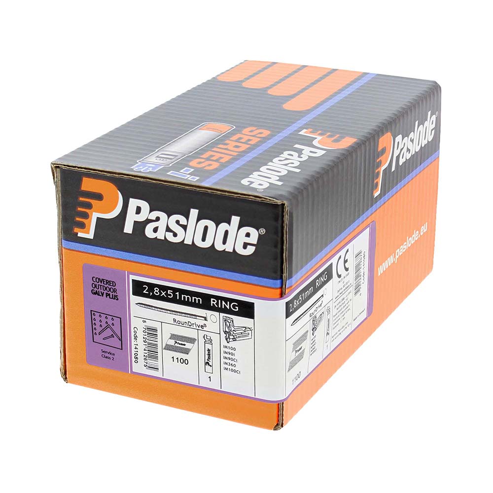 This is an image of Paslode IM360Ci Nails & Fuel Cells Retail Pack - Ring Shank - Galvanised + - 141080 2.8 x 51mm/1CFC (1100 PCS Box) PAS141080