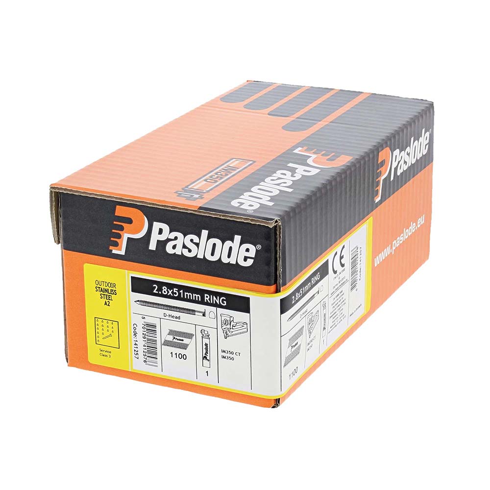 This is an image of Paslode IM350+ Nails & Fuel Cells Retail Pack - Ring Shank - Stainless Steel - 141257 2.8 x 51mm/1CFC (1100 PCS Box) PAS141257