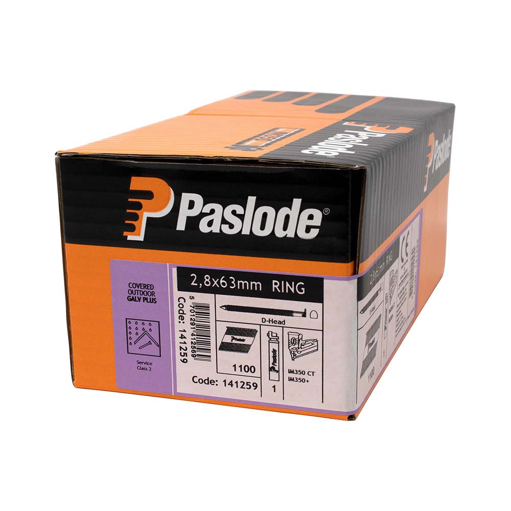 This is an image of Paslode IM350+ Nails & Fuel Cells Retail Pack - Ring Shank - Galvanised + - 141259 2.8 x 63mm/1CFC (1100 PCS Box) PAS141259