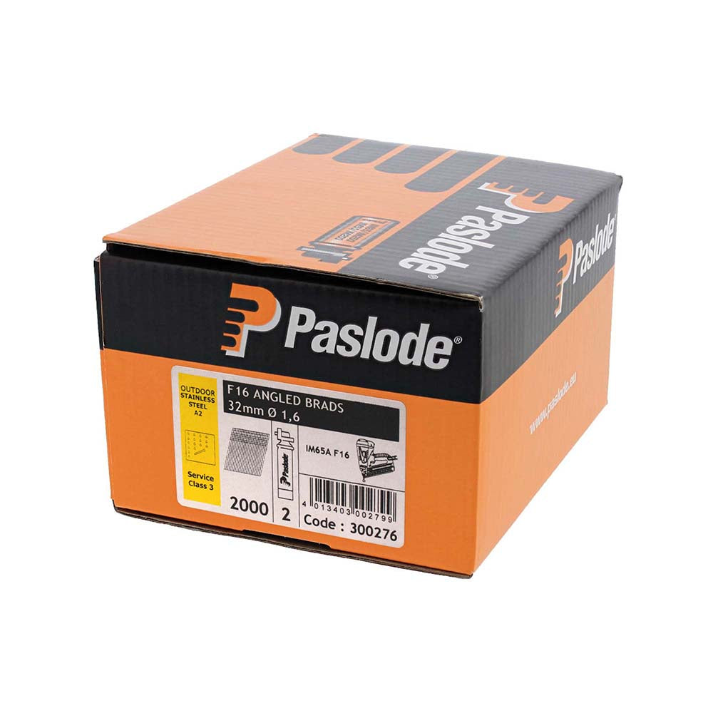 This is an image of Paslode IM65A Brads & Fuel Cells Pack - Angled - Stainless Steel - 300276 16g x 32mm/2BFC (2000 PCS Box) PAS300276