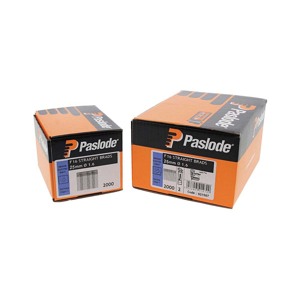 This is an image of Paslode IM65 Brads & Fuel Cells Pack - Straight - Electro Galvanised - 921587 16g x 25mm/2BFC (2000 PCS Box) PAS921587