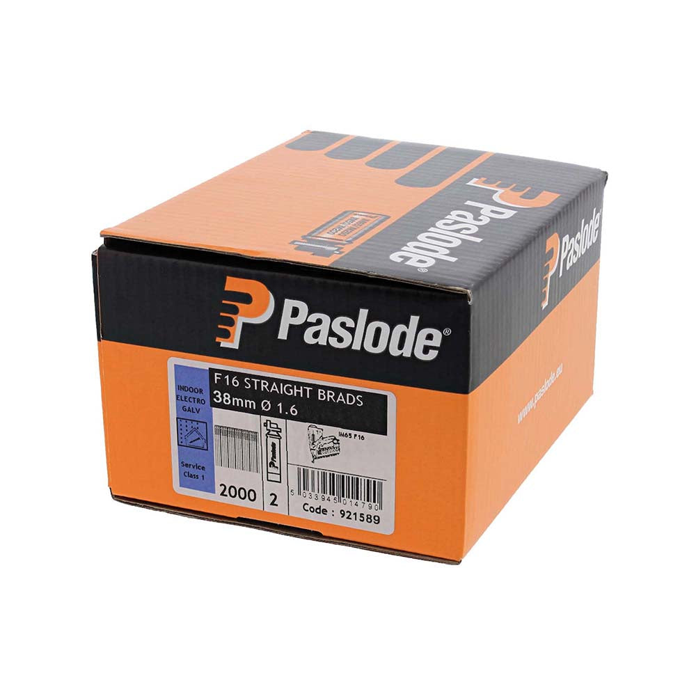 This is an image of Paslode IM65 Brads & Fuel Cells Pack - Straight - Electro Galvanised - 921589 16g x 38mm/2BFC (2000 PCS Box) PAS921589