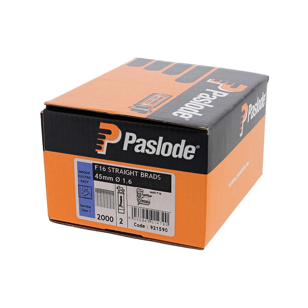 This is an image of Paslode IM65 Brads & Fuel Cells Pack - Straight - Electro Galvanised - 921590 16g x 45mm/2BFC (2000 PCS Box) PAS921590