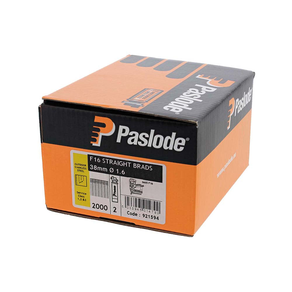 This is an image of Paslode IM65 Brads & Fuel Cells Pack - Straight - Stainless Steel - 921594 16g x 38mm/2BFC (2000 PCS Box) PAS921594