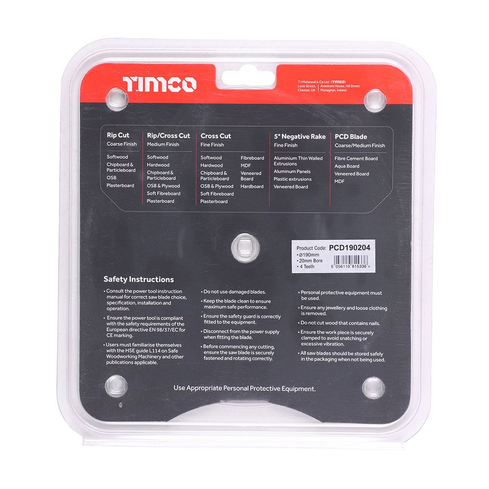 This is an image of Timco - PCD Fibre Cement Saw Blade 190 x 20 x 4T (1 Each Clamshell) PCD190204