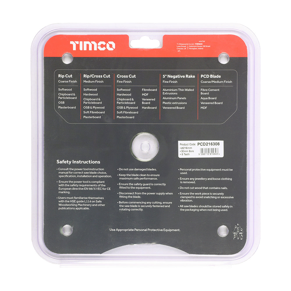This is an image of Timco - PCD Fibre Cement Saw Blade 216 x 30 x 8T (1 Each Clamshell) PCD216308