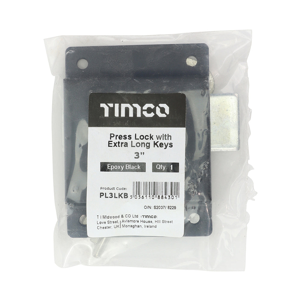 This is an image of Timco - Press Lock with Extra Long Keys - Epoxy Black 3" (1 Each Bag) PL3LKB