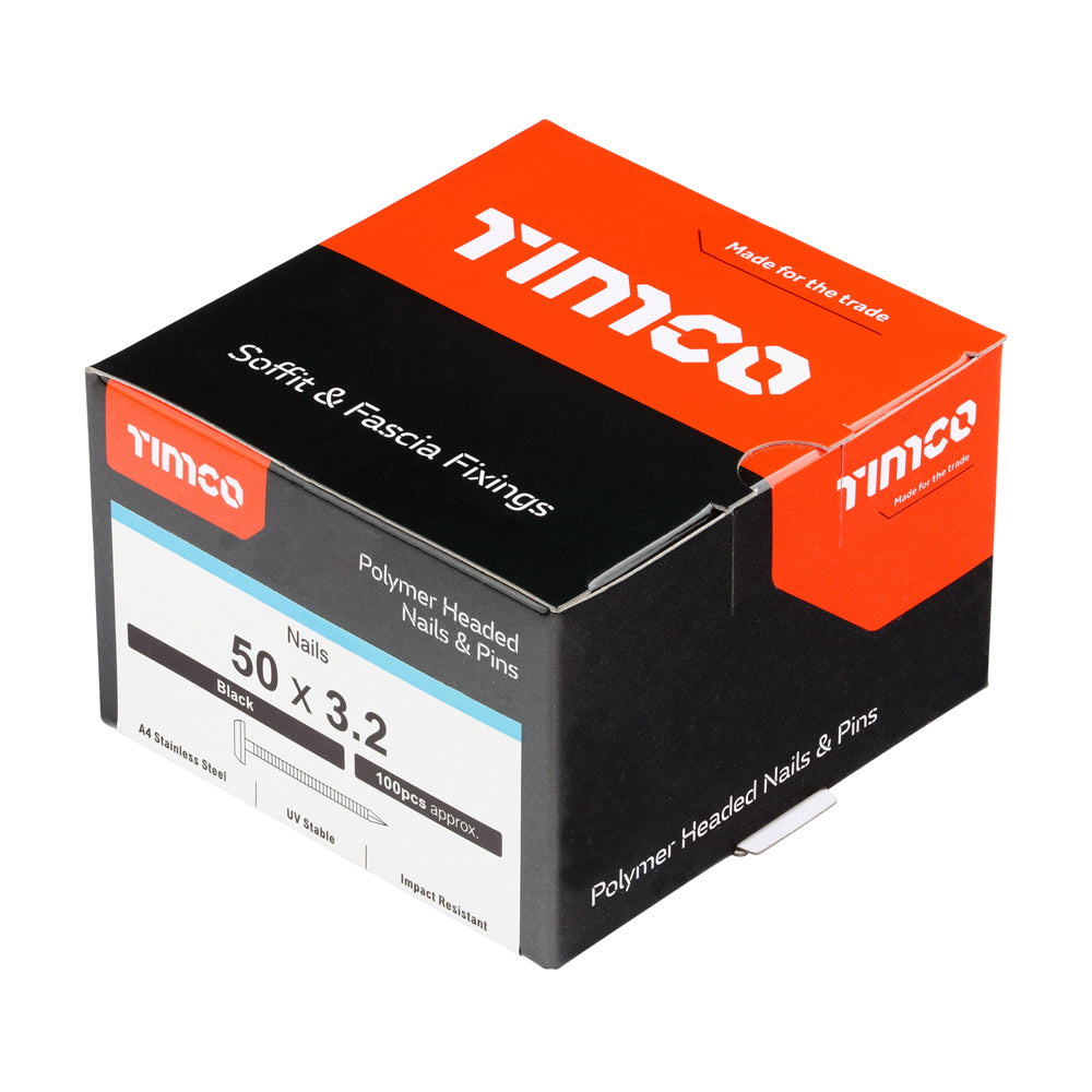 This is an image of Timco - Polymer Headed Nails - A4 Stainless Steel - Black 50mm (100 PCS Box) PN50BL