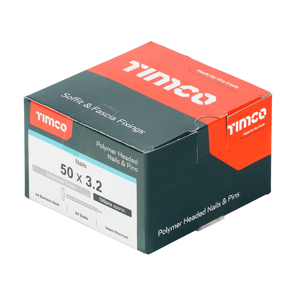 This is an image of Timco - Polymer Headed Nails - A4 Stainless Steel - Chartwell Green 50mm (100 PCS Box) PN50CG