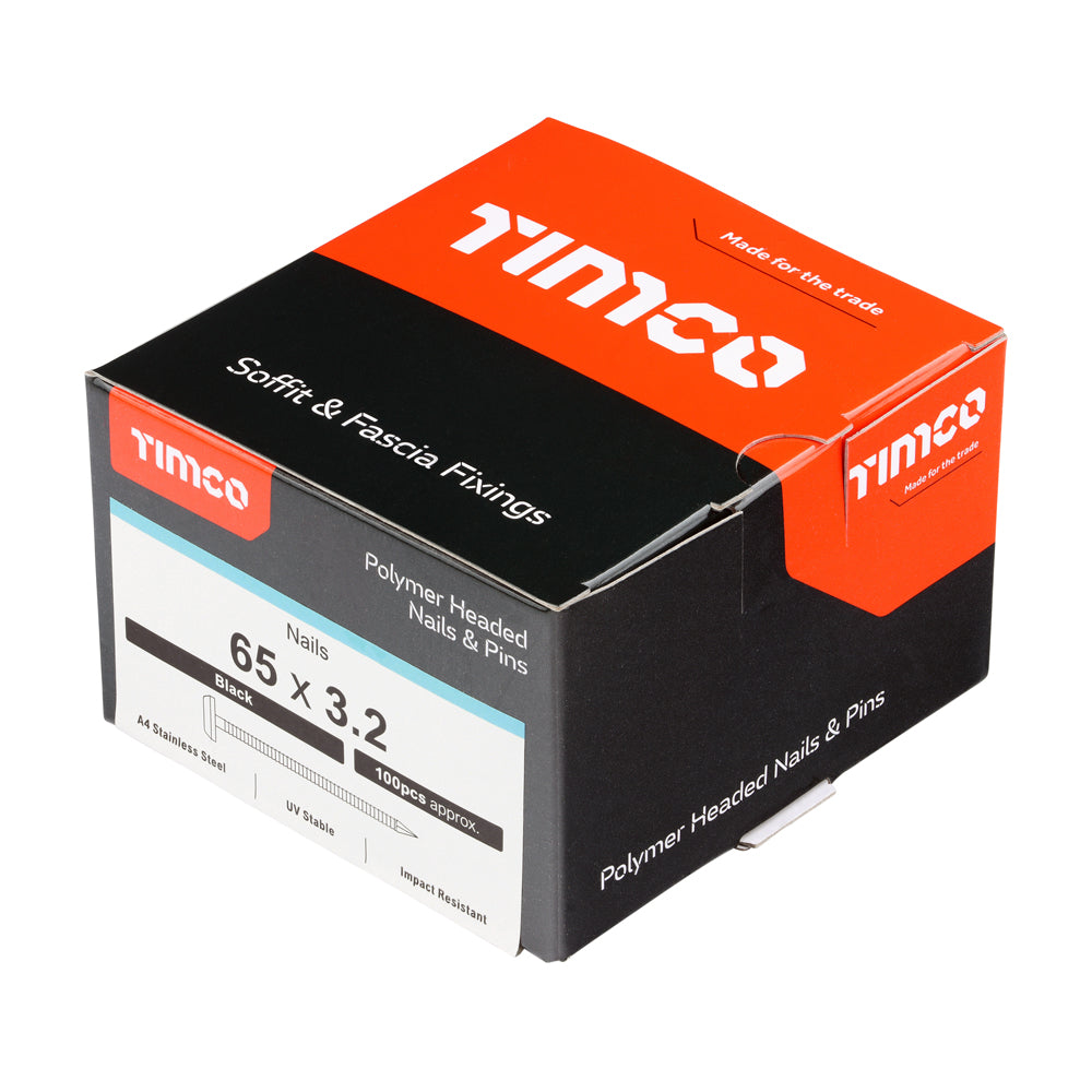 This is an image of Timco - Polymer Headed Nails - A4 Stainless Steel - Black 65mm (100 PCS Box) PN65BL