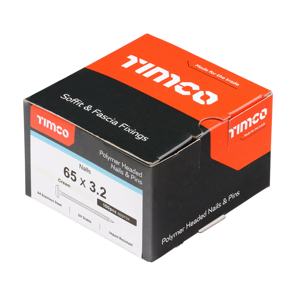 This is an image of Timco - Polymer Headed Nails - A4 Stainless Steel - Cream 65mm (100 PCS Box) PN65CC