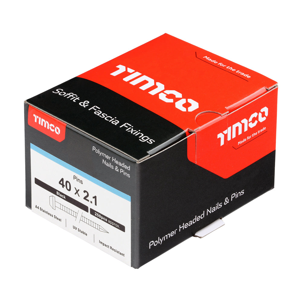 This is an image of Timco - Polymer Headed Pins - A4 Stainless Steel - Black 40mm (250 PCS Box) PP40BL