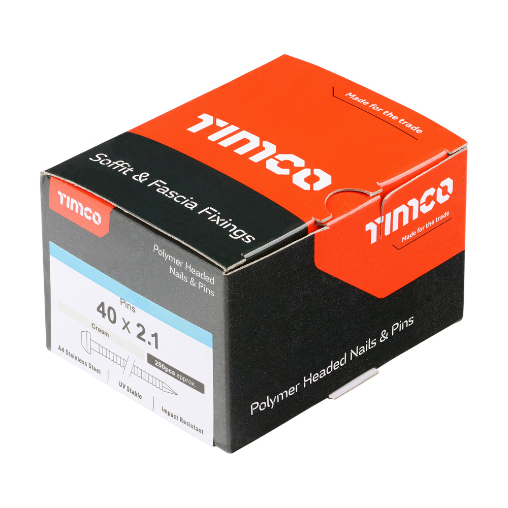 This is an image of Timco - Polymer Headed Pins - A4 Stainless Steel - Cream 40mm (250 PCS Box) PP40CC