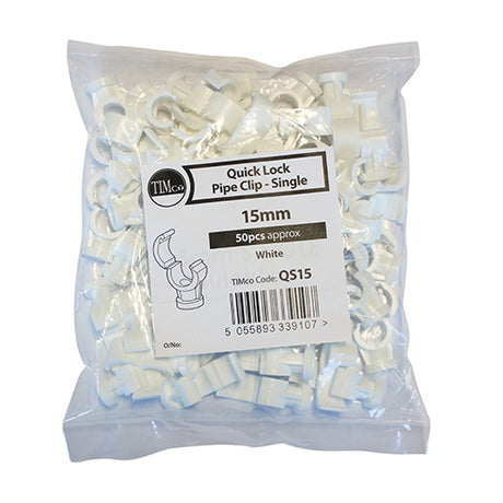 This is an image of Timco - Pipe Clips - Quick Lock - Single 15mm - (50 PCS Bag) QS15