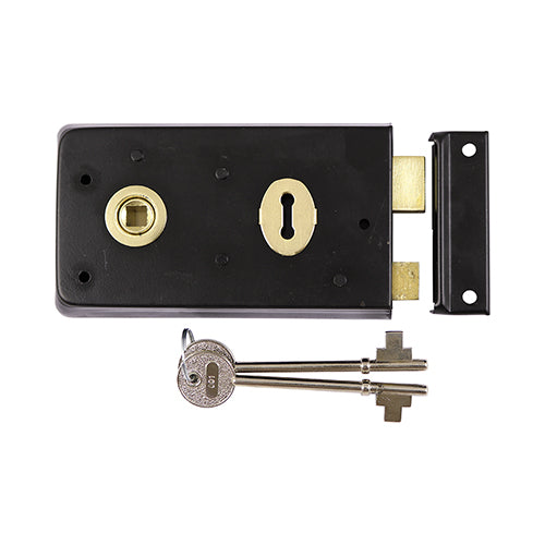 This is an image of Timco - Rim Sash Lock - Inward and Outward Keep - Black 143 x 83mm (1 Each Plain Bag) RSLB
