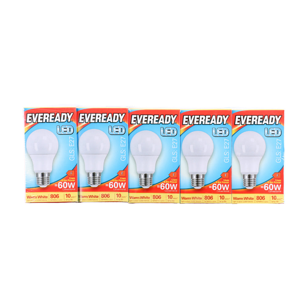 This is an image of Timco - Eveready LED GLS Light Bulb - E27 - 806 Lumen - 8.8W - Warm Light 806 Lumen (5 Pieces Pack) S13624