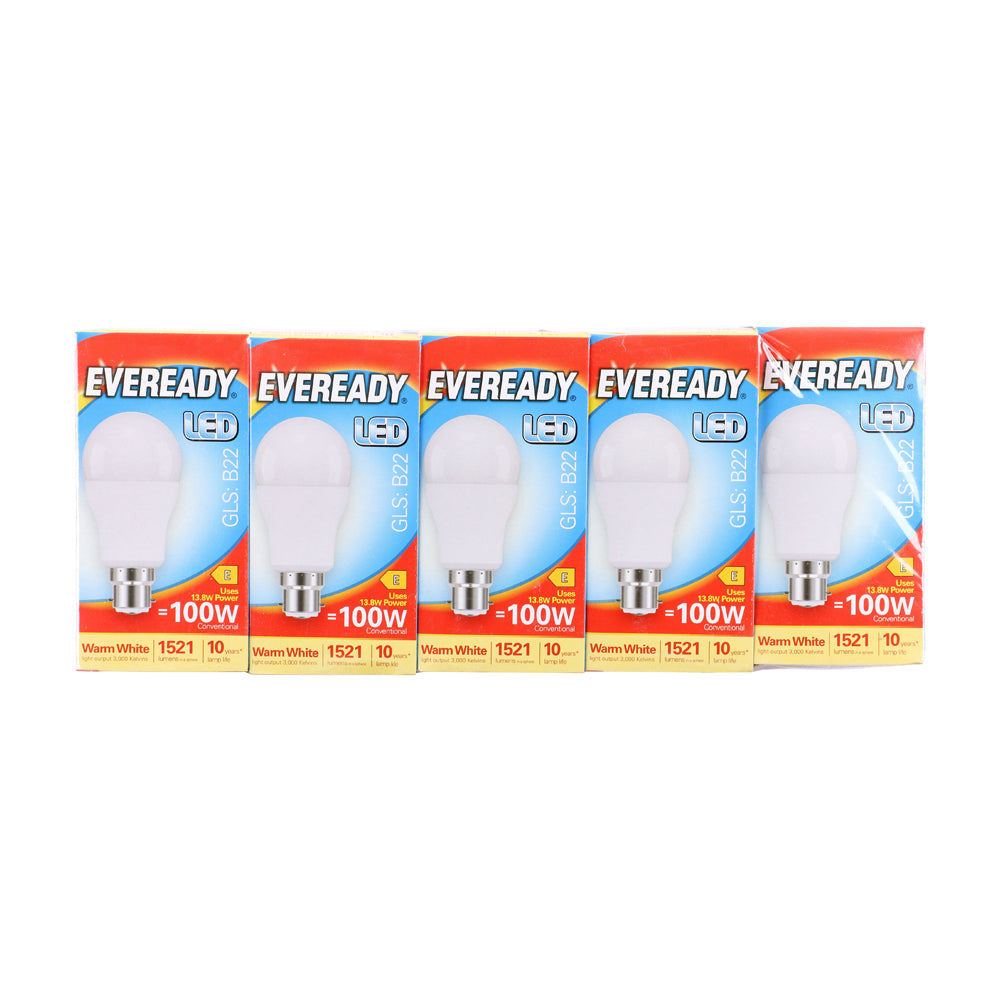 This is an image of Timco - Eveready LED GLS Light Bulb - B22 - 1521 Lumen - 13.8W - Warm Light 1521 Lumen (5 Pieces Pack) S13626