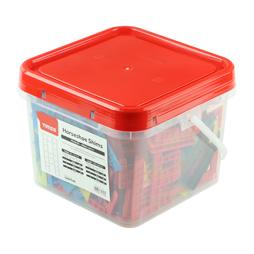 This is an image of Timco - Assorted Horseshoe Shims 1.0 - 6.0mm (400 Pieces Tub) SHIMTUB