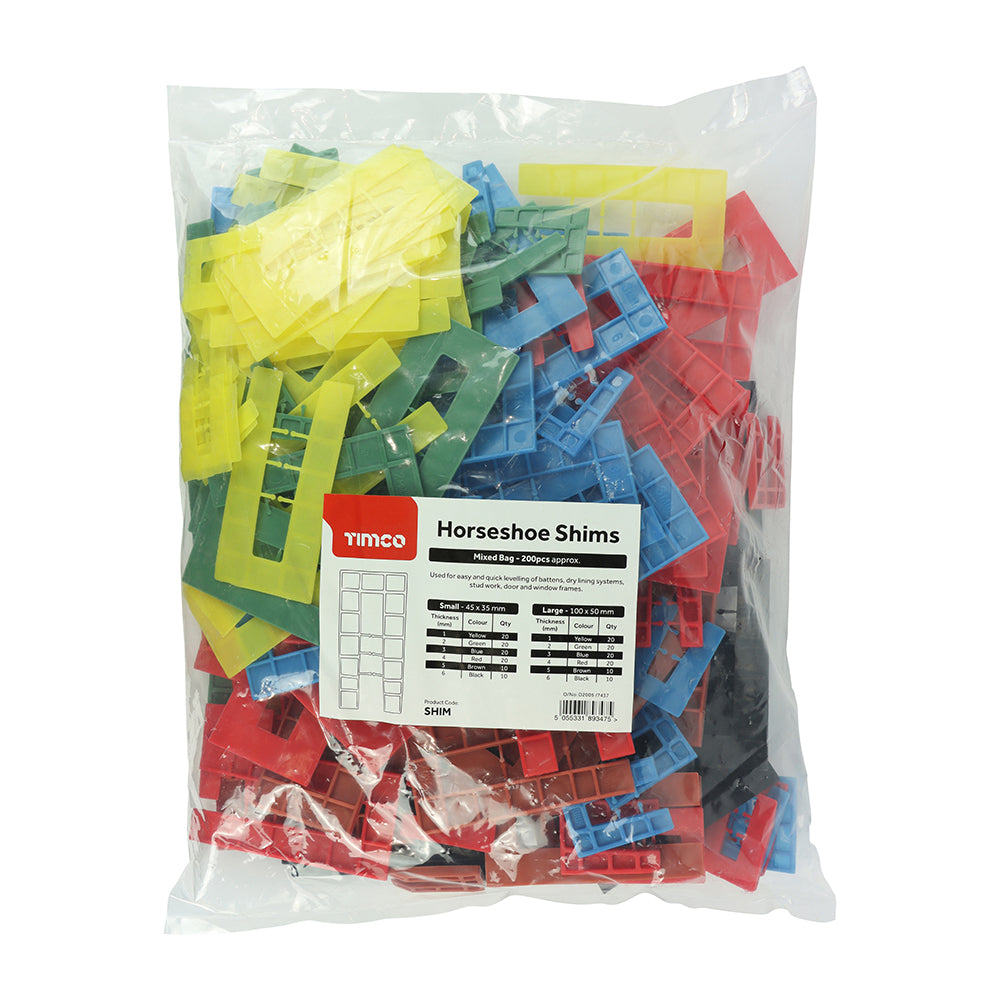 This is an image of Timco - Assorted Horseshoe Shims 1.0 - 6.0mm (200 Pieces Bag) SHIM