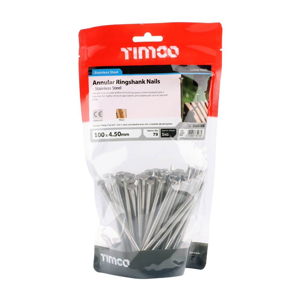 This is an image of Timco - Annular Ringshank Nails - Stainless Steel 100 x 4.50mm (1 Kg TIMbag) SSAR100B