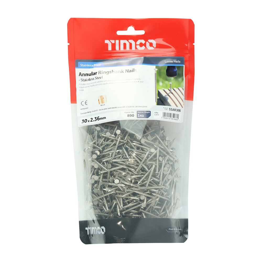 This is an image of Timco - Annular Ringshank Nails - Stainless Steel 30 x 2.36mm (1 Kg TIMbag) SSAR30B