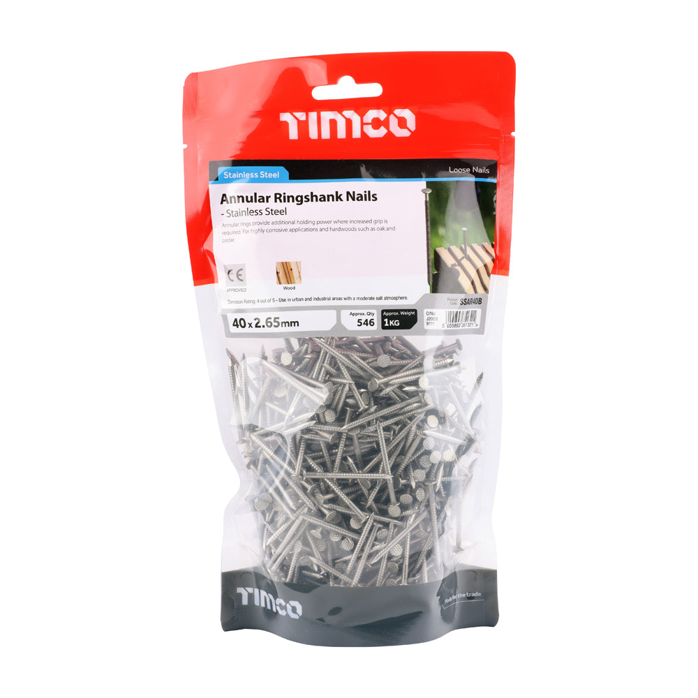 This is an image of Timco - Annular Ringshank Nails - Stainless Steel 40 x 2.65mm (1 Kg TIMbag) SSAR40B