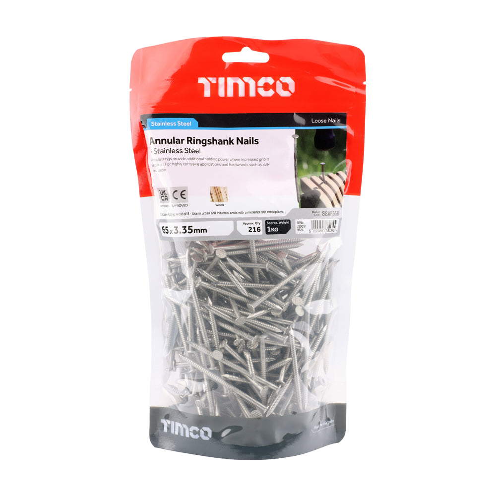 This is an image of Timco - Annular Ringshank Nails - Stainless Steel 65 x 3.35mm (1 Kg TIMbag) SSAR65B