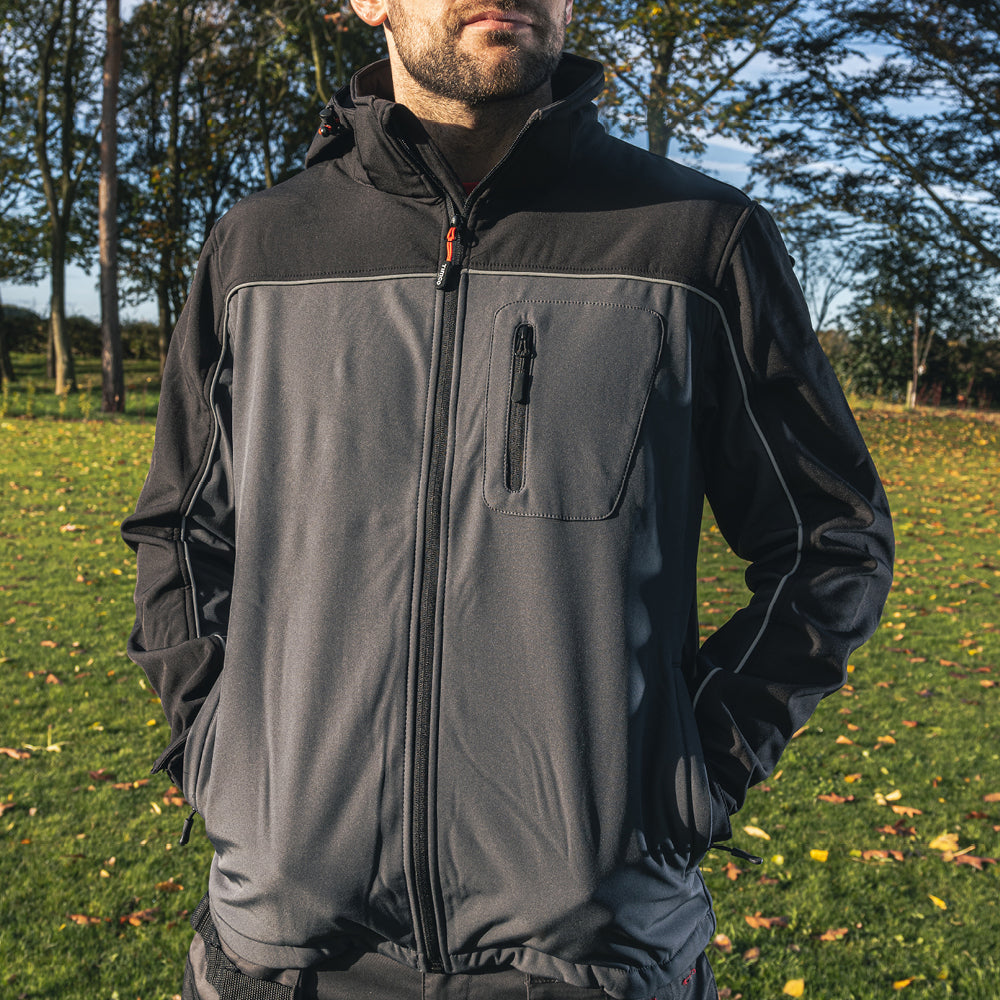 This is an image of Timco - Softshell Jacket - Grey/Black Medium (1 Each Bag) SSJ1201M