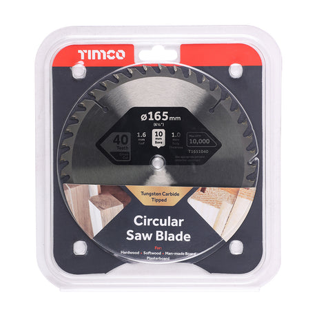 This is an image of Timco - Handheld Cordless Circular Saw Blade 165 x 10 x 40T (1 Each Clamshell) T1651040