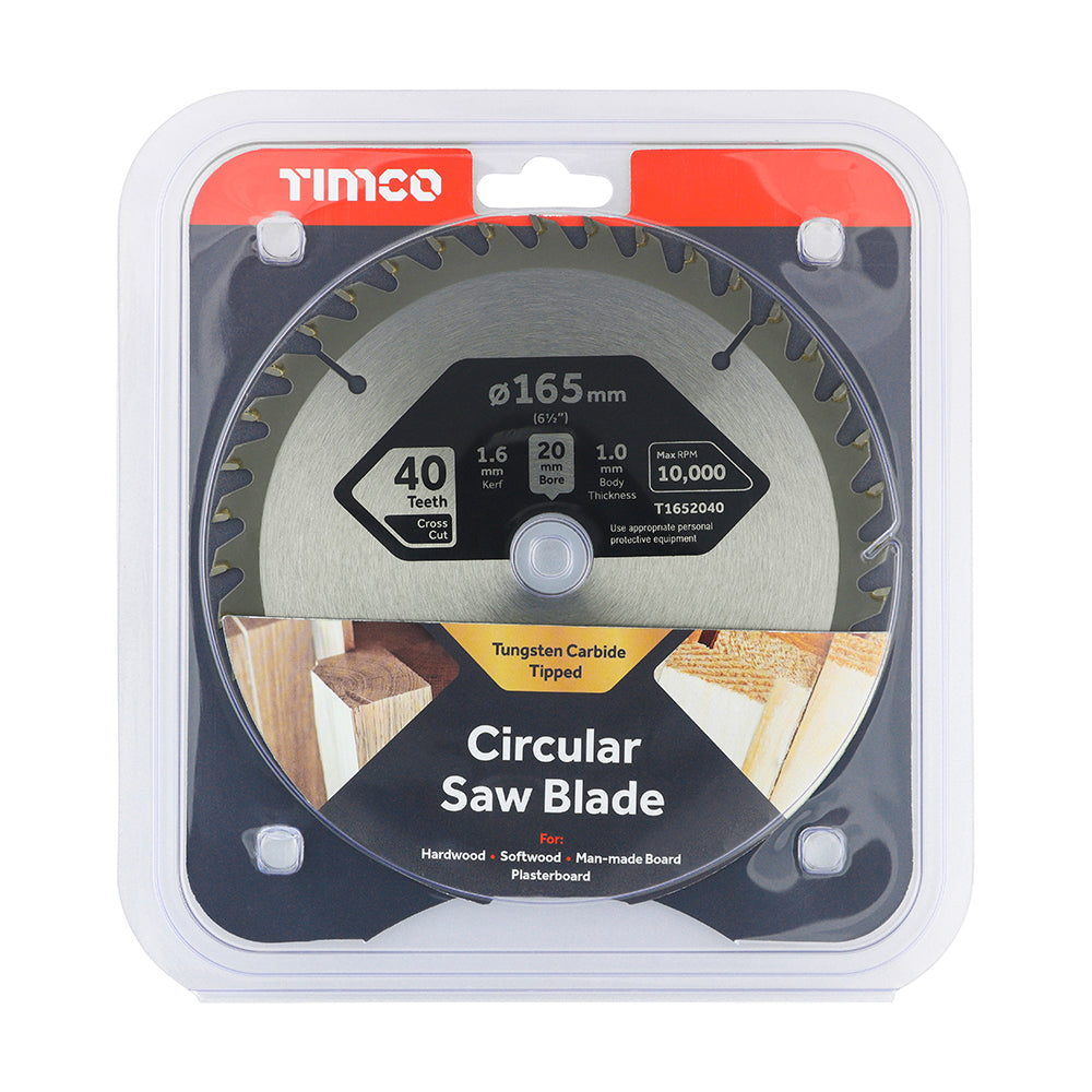 This is an image of Timco - Handheld Cordless Circular Saw Blade 165 x 20 x 40T (1 Each Clamshell) T1652040