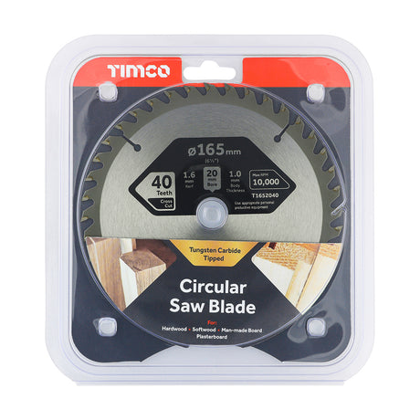 This is an image of Timco - Handheld Cordless Circular Saw Blade 165 x 20 x 40T (1 Each Clamshell) T1652040
