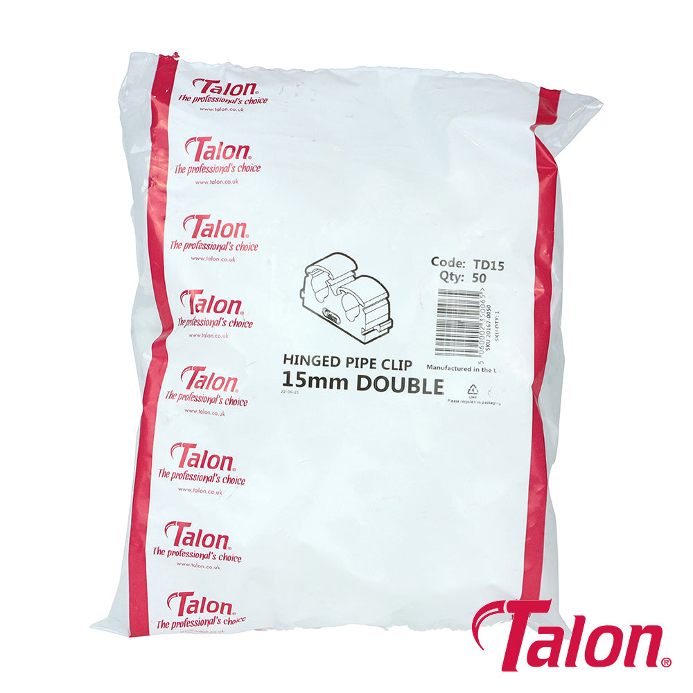 This is an image of Timco - Double Hinged Clip - White - TD15 15mm - (50 PCS Bag) TALTD15