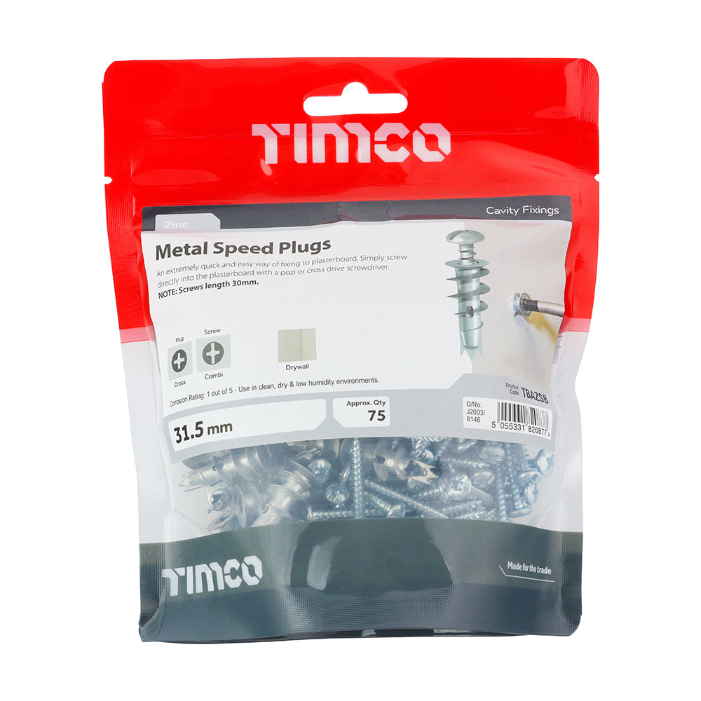This is an image of Timco - Metal Speed Plugs & Screws - Zinc 31.5mm - (75 PCS TIMbag) TBAZSB