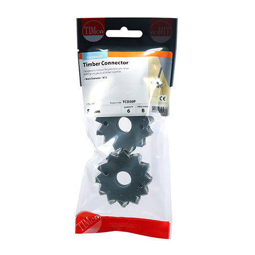 This is an image of Timco - Timber Connectors - Double Sided - Galvanised 50mm / M12 (6 Pieces TIMpac) TCD50P