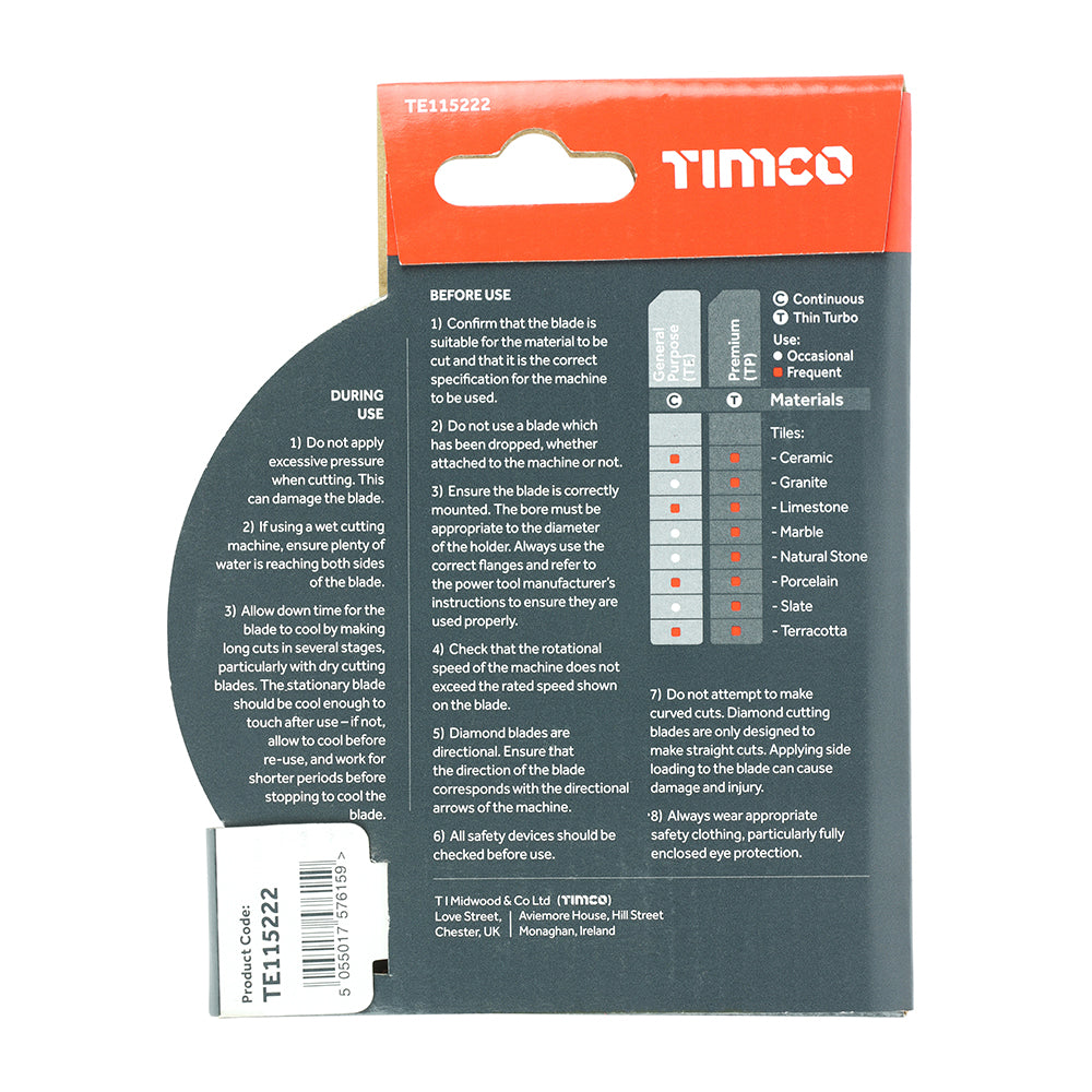 This is an image of Timco - General Purpose Tile & Ceramic Diamond Blade - Continuous 115 x 22.2 (1 Each Box) TE115222