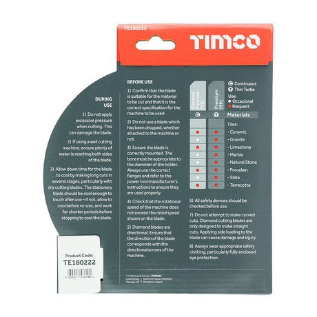 This is an image of Timco - General Purpose Tile & Ceramic Diamond Blade - Continuous 180 x 22.2 (1 Each Box) TE180222
