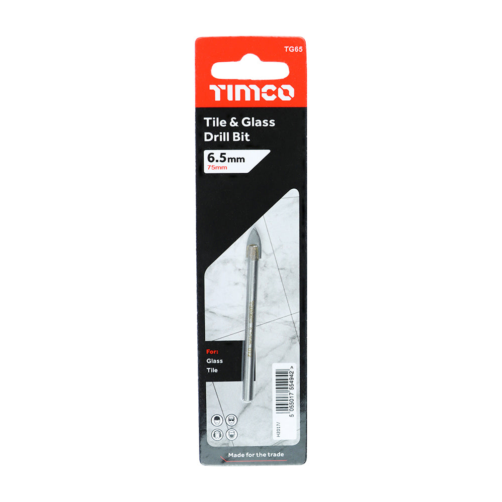 This is an image of Timco - TCT Arrow Head Tile & Glass Bit 6.5mm (1 Each Blister Pack) TG65